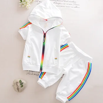 

2019 Baby Boys Girls Sweatshirt Fashion Suit Summer Rrainbow Hooded Zipper T-Shirt + Pants 2PCS kid Clothes Bebes Jogging Suits