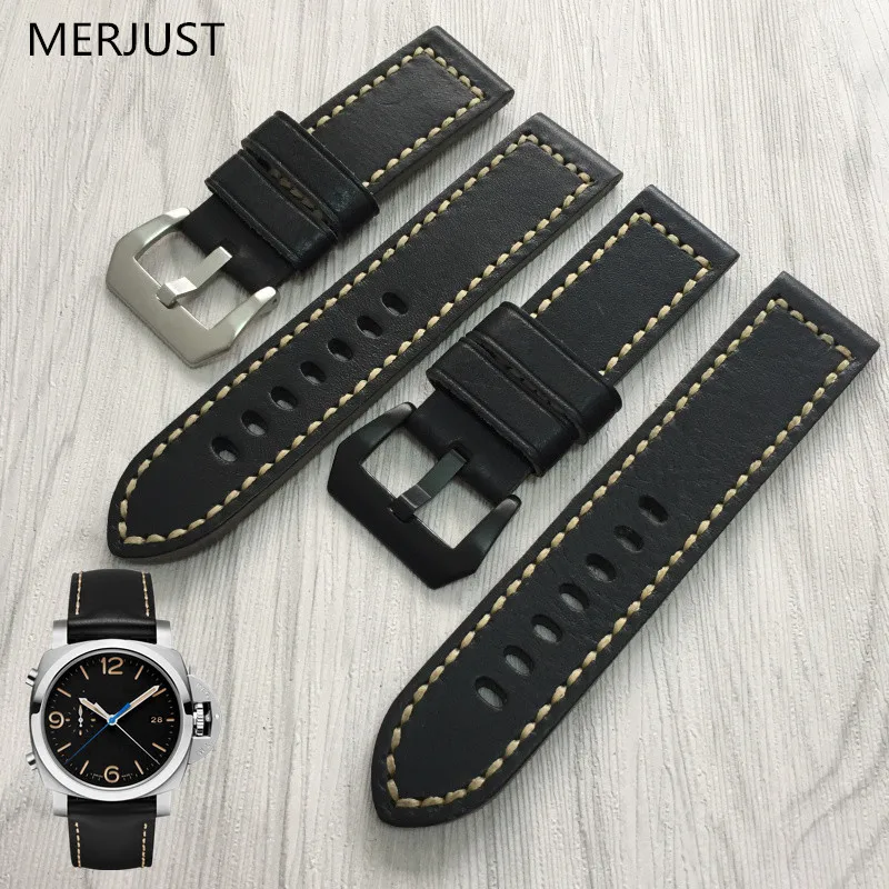 

MERJUST Italian Genuine Leather Handmade black Band Retro Watch Straps 24mm black for Panerai Pam Man Watch Tool