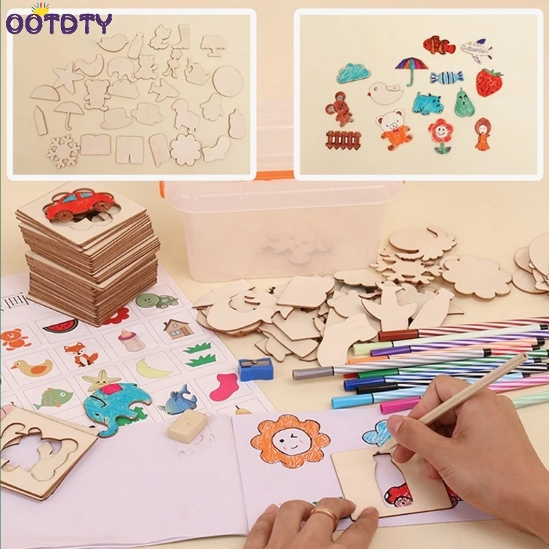 

Wooden Painting Toys Set Children Learn Drawing Tools Creative Animal Template with storage box