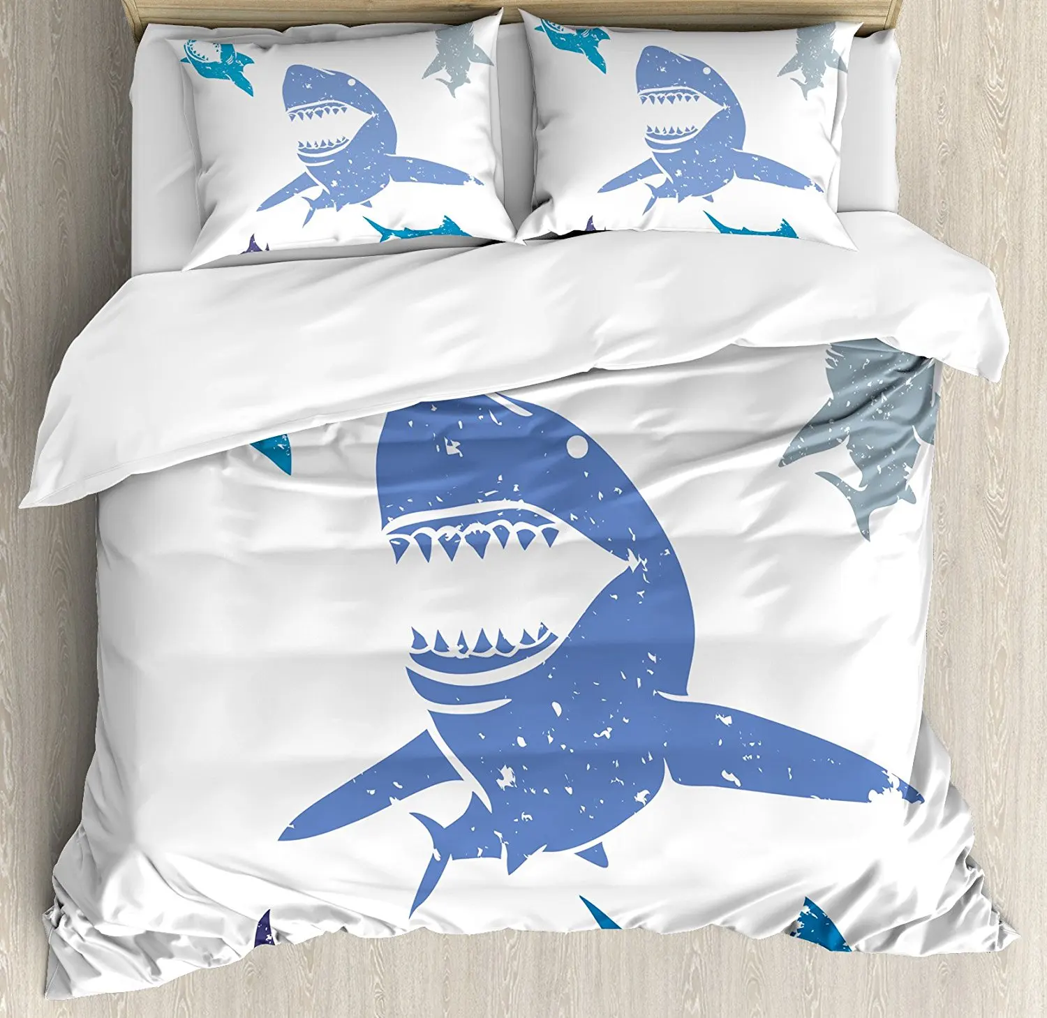 

Sea Animal Decor Duvet Cover Set Grunge Style Big and Small Sharks with Open Mouth Predator Jaws Image Bedding Set Royal Blue