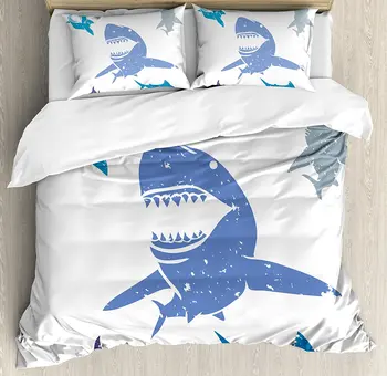 

Sea Animal Decor Duvet Cover Set Grunge Style Big and Small Sharks with Open Mouth Predator Jaws Image Bedding Set Royal Blue