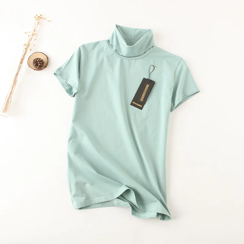 Новая мода, летняя Корейская Стильная универсальная однотонная водолазка с коротким рукавом, женская футболка, женская рубашка, яркие цвета, женские топы - Цвет: W002133 dou green
