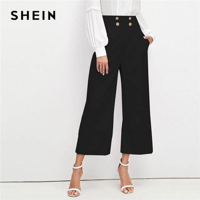 SHEIN Black Office Lady Solid Double Breasted Embellished Slant Pocket Wide Leg Pants Autumn