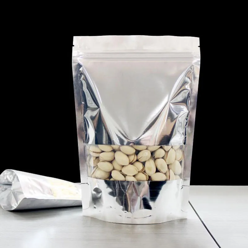 100 Pack, Silver Clear Stand Up Aluminum Foil Zip Lock Bags Resealable Heat Seal Plastic Window Bag, Food Storage Packing Pouch