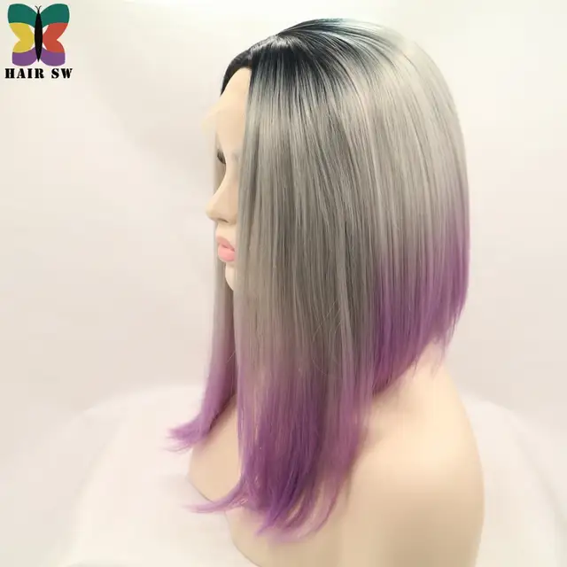 Haar Sw Medium Gerade Spitzefrontseitenperucken Ombre Grau