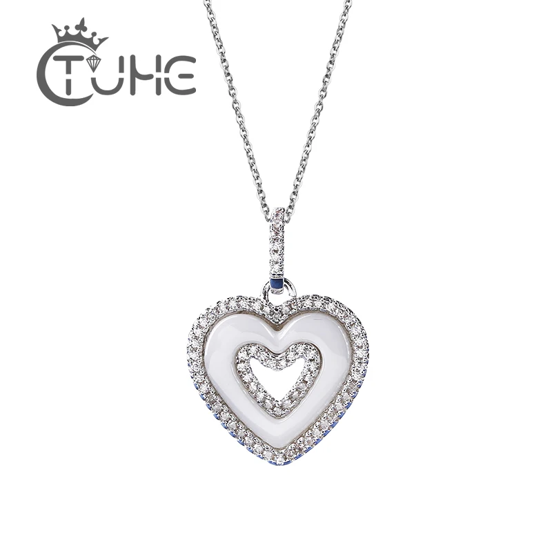 

Shinning Heart Women Pendant Necklace Two Row Rhinestone CZ Lovely Love Heart White Ceramic Female Necklace With Free Chain