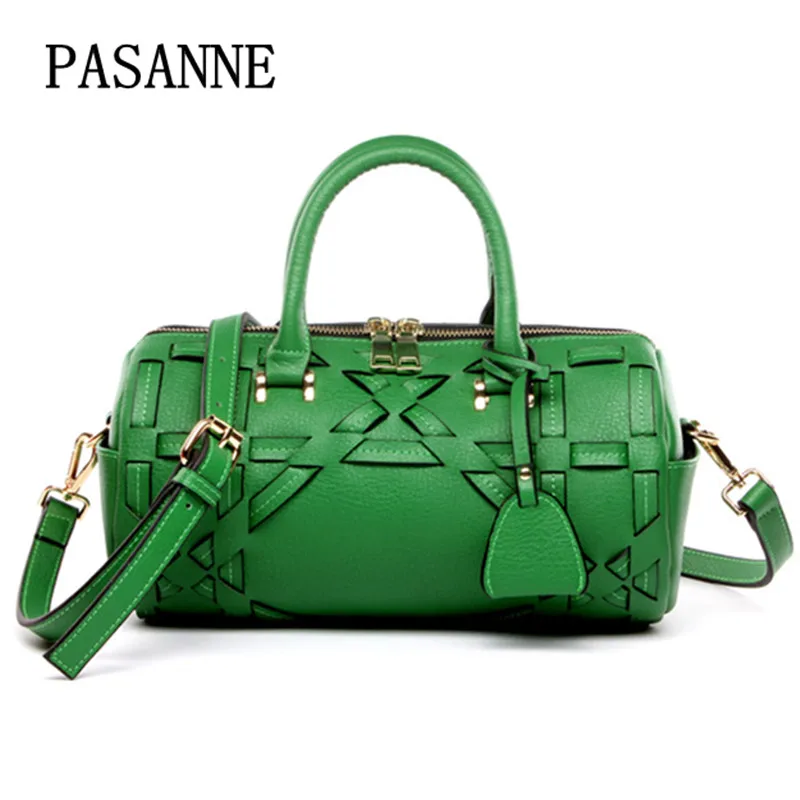

New Woman Handbags Leather Shoulder Bags Cow Leather PASANNE Barrel Boston Genuine Leather Lady Crossbody Bag Women Handbag