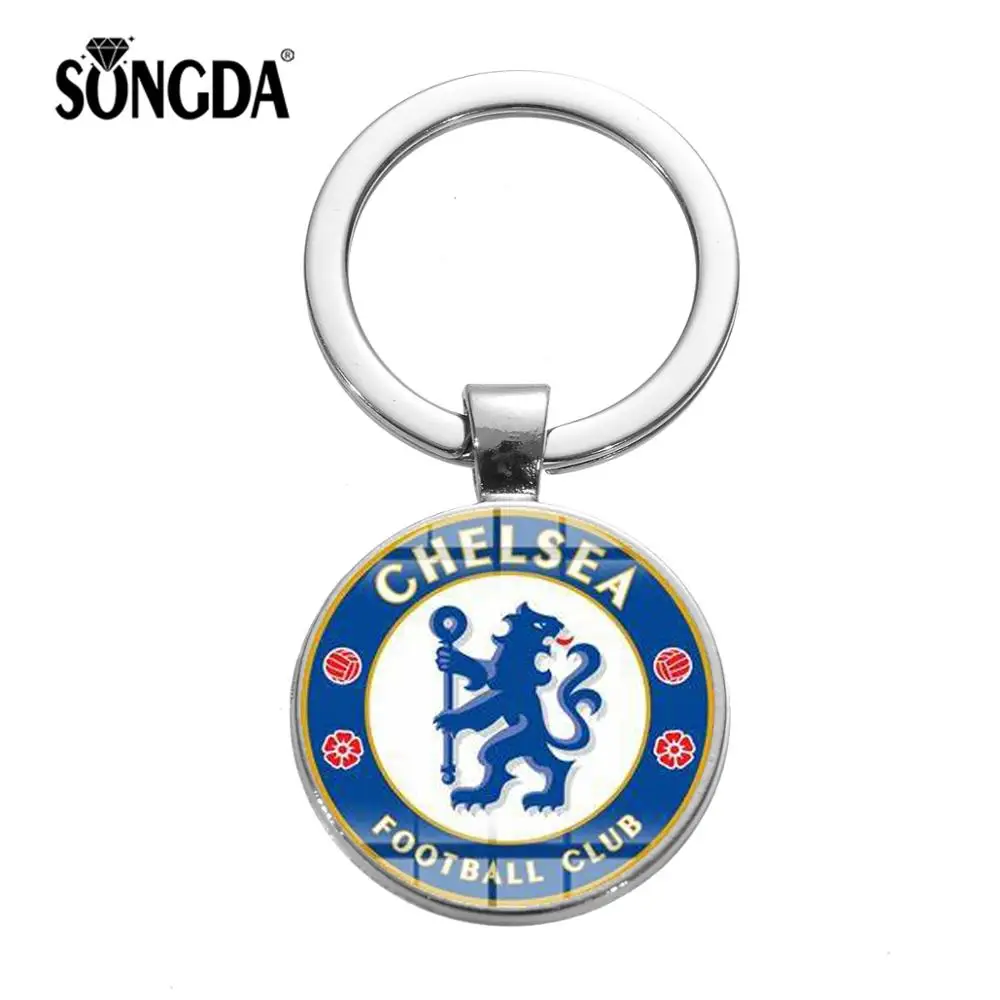

SONGDA Europe's Football Leagues Logo Various Keychain Soccer Club Sports Supporters 3D Color Print Glass Pendant Keyring Chain