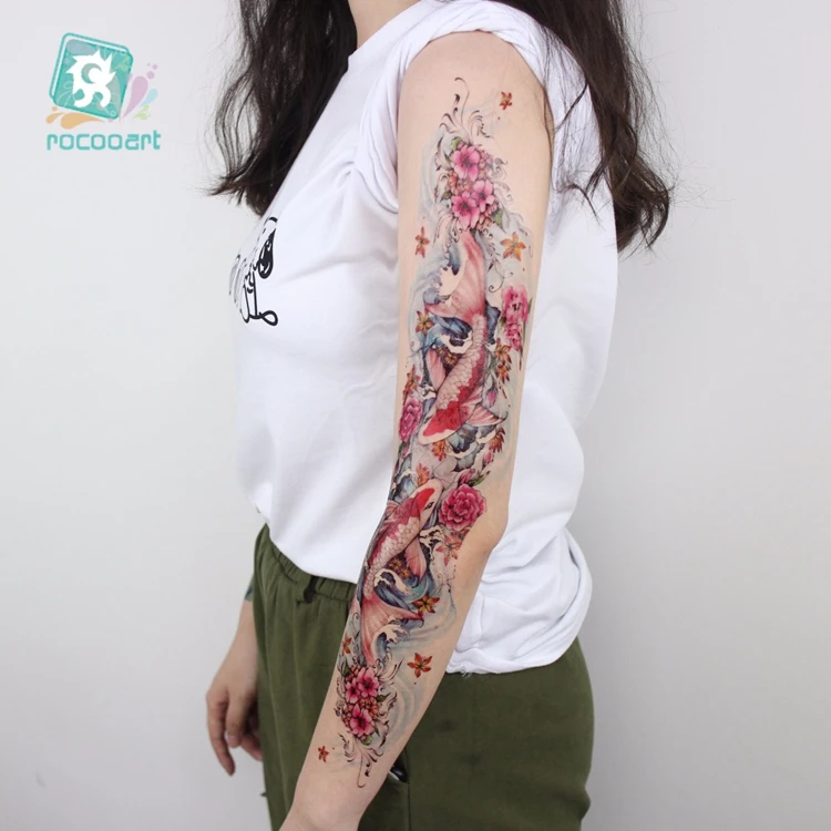 

Full Arm sleeve Tattoo Sticker Extra Large Arm Temporary Tattoos Full Fish Lotus Pool by Moonlight Body Art Women Tattoo Sticker