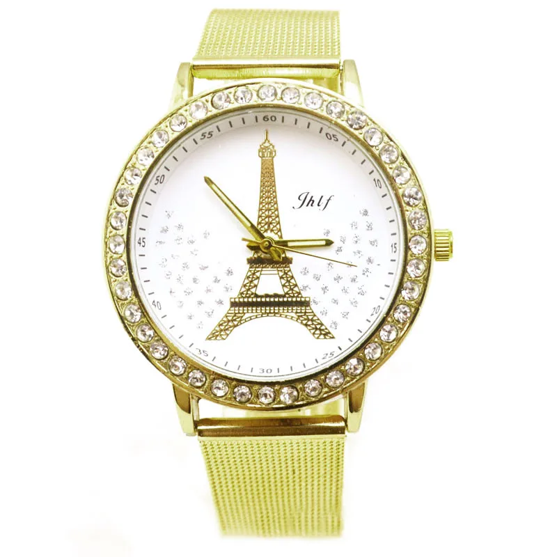 Gold Stainless Steel Mesh Strap Quartz Watch Clock Luxury Crystal Paris