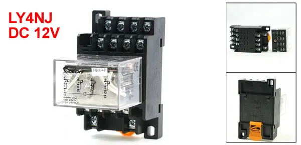35mm DIN Rail DC 12V Coil 4PDT 14P General Purpose Power Relay LY4NJ w Base