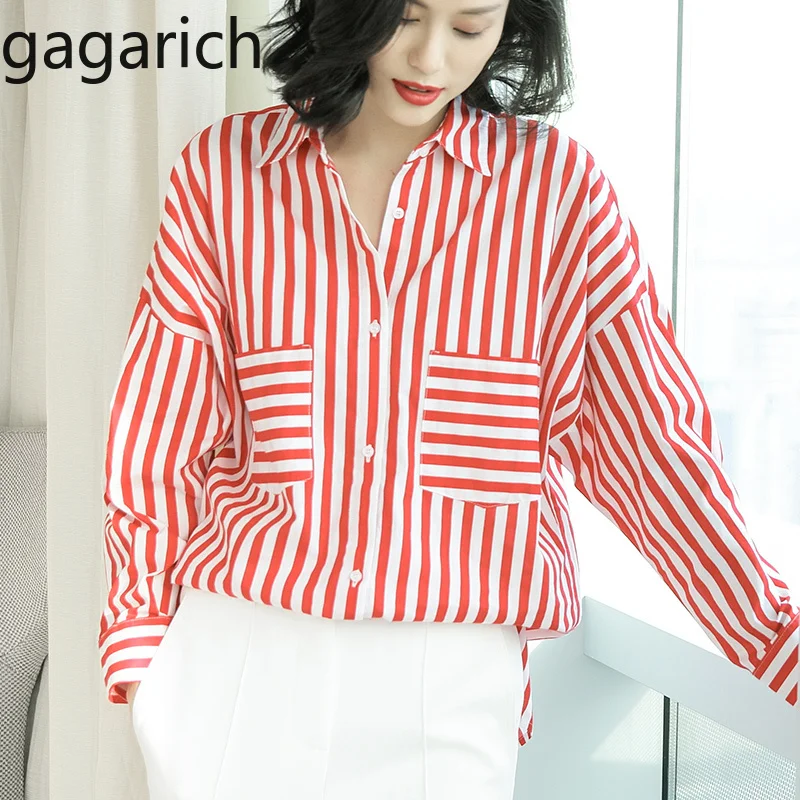 

Gagarich Women 2019 Spring Summer New Long-sleeve Shirt Stripe Blue&Red Plus Size Long Ladies Tops