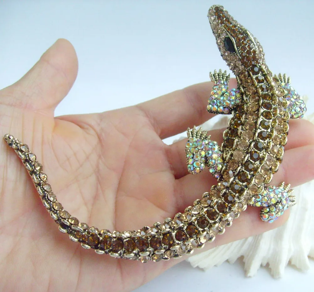 

4.13" Animal Crocodile Alligator Brooch Pin Pendant Brown Rhinestone Crystal EE05009C3