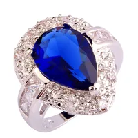 Exalted Fashion Rings Luxurious Sapphire Quartz  Silver Ring Water-Drop Size 6 7 8 9 10 Wholesale Free Shipping Jewelry