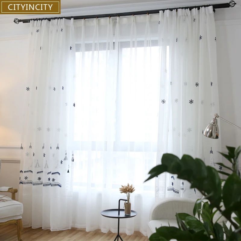 

CITYINCITY Christmas Tower Snow Curtain For Living room Embroidered 3d Curtains For bedroom European sheer Voile Customized