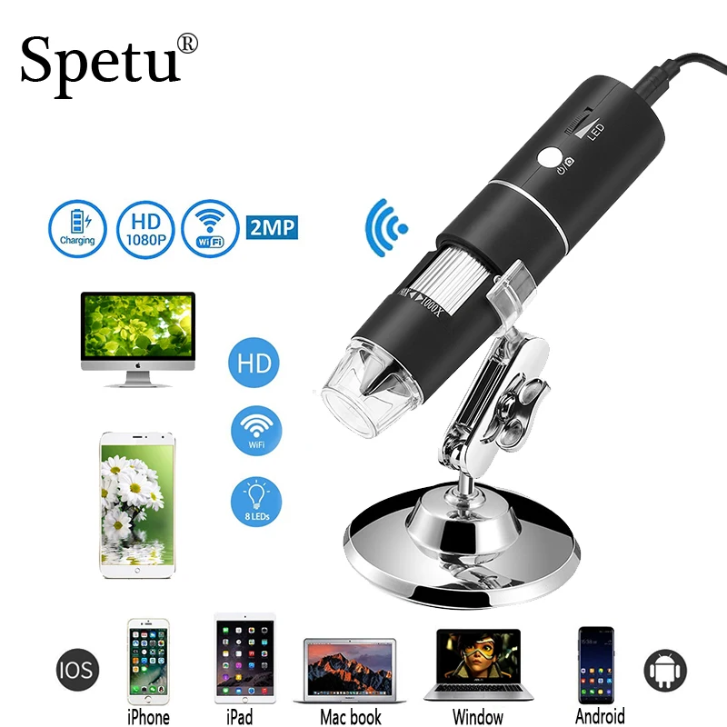 

Spetu 1000X 1080P 2MP 8LED WIFI Digital Microscope USB Magnifier Inspection Camera Hand Endoscope for Android IOS IPhone IPad