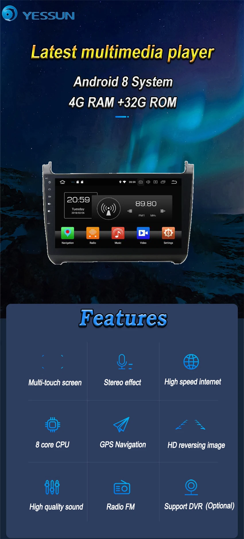 Discount YESSUN Android 8.0 4G RAM For Volkswagen POLO MK5 2015 Car Navigation GPS Multimedia Player mirror link Radio Touch Screen 1