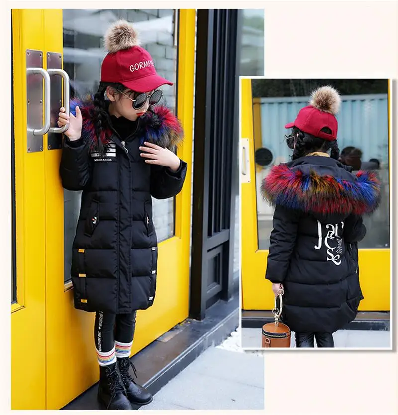 Зимняя куртка для девочек; пальто для маленьких детей; теплая парка для детей; длинный зимний комбинезон с хлопковой подкладкой; цветная куртка с капюшоном и меховым воротником
