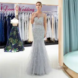 ILoveWedding Новое поступление 2018 вечернее платье Sheer Scoop воротник тяжелый основные из бисера на заказ перо Роскошные вечерние платья Длинные