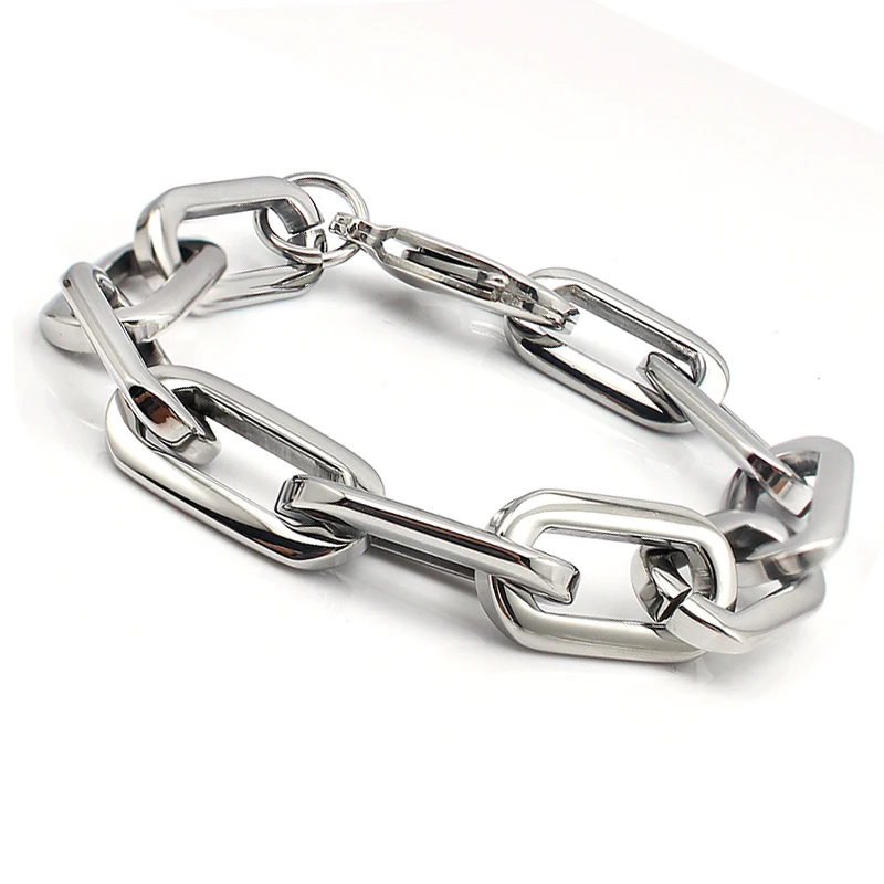 chunky stainless steel rounded rectangle link chain bracelet unisex silver color fashion jewelry bangle bracelet lobster clasp