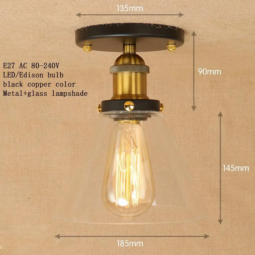 Лофт, винтажный Железный стеклянный абажур, потолочный светильник, светодиодный, E27, AC 110 В, 220 В, современные светильники, плафон, светильник для спальни, гостиной - Цвет корпуса: black copper