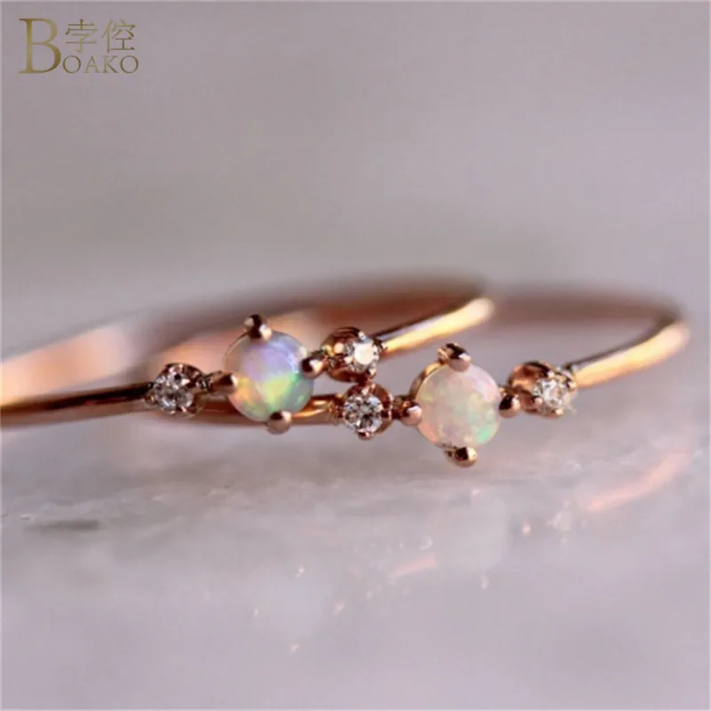 

BOAKO Dainty Round Fire Opal Rings Fashion Austria Crystal Rings For Women Rose Gold Color CZ Wedding Engagement Rings Jewelry