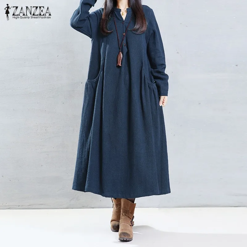 

Fashion ZANZEA Women Dress 2016 Autumn Casual Loose Solid Dress Sexy Ladies V Neck Long Sleeve Dress Vestidos Plus Size S-5XL