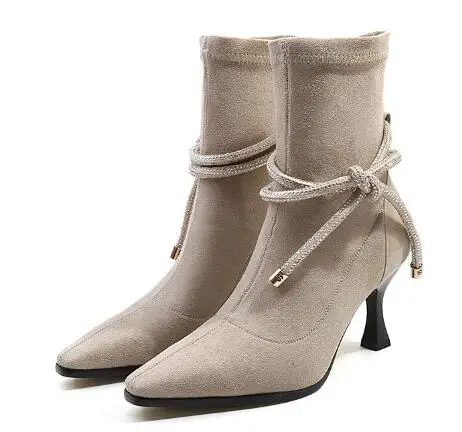 

Women pointed toe medium thin heel short boots Spring and autumn new black/apricot flock ankle boots Ladies'dress shoes