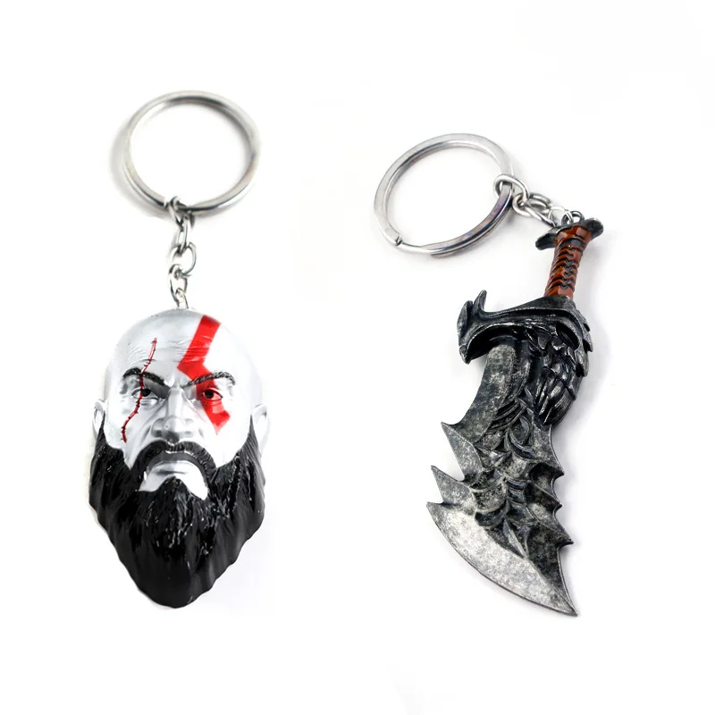 

2019 Hot Game God Of War 4 Keychains 3D Kratos Face Mask Keyring Kui Ye Axe Hammer Knife Weapons Model Men Cosplay Car Gift