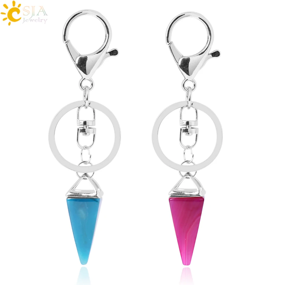 

CSJA Pyramid Door Car Keychains Key Ring Holder Big Lobster Clasp Circle Bag Hanging Buckle Natural Stone Pink Quartz Green E816