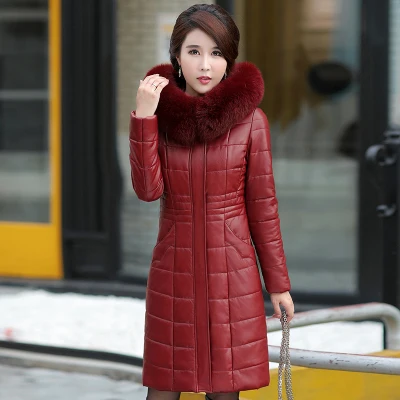 Большой размер 8XL, Женская куртка с меховым воротником и капюшоном, зимние теплые толстые длинные пальто из искусственной кожи, парки, Черный пуховик, хлопковое Женское пальто - Цвет: Red wine