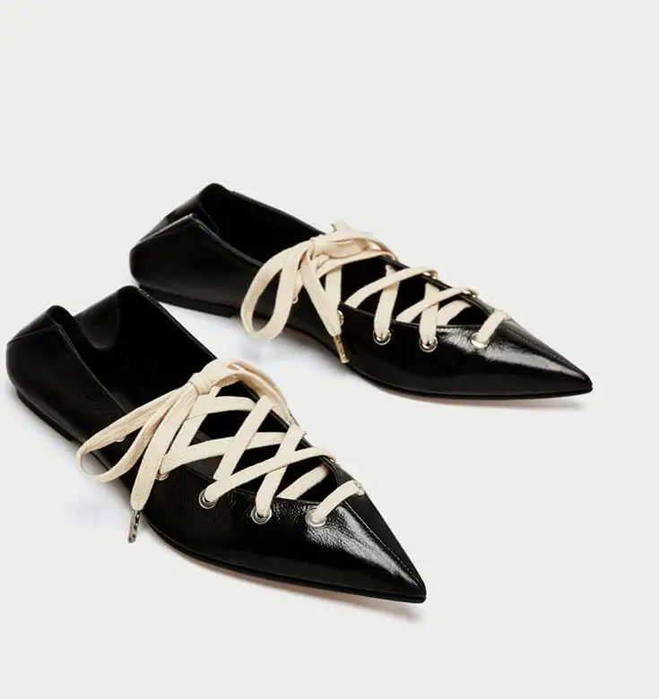 

New Fashion Black Leather Women Sexy Pointy Toe Lace Up Flats Slingback Ladies Ballet Style Flats Spring Hot Dress Shoes Size 41