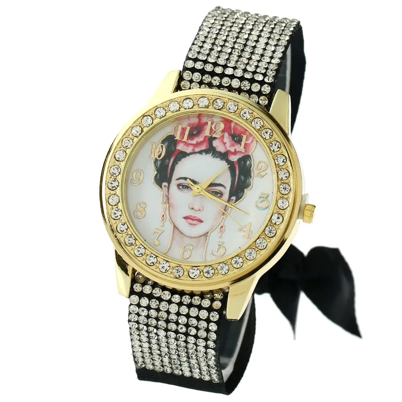 

Gnova Platinum Women Watch Vintage Mexican White Face Frida Fashion Wristwatch Rhinestone Lace Style Golden Dial quartz A843