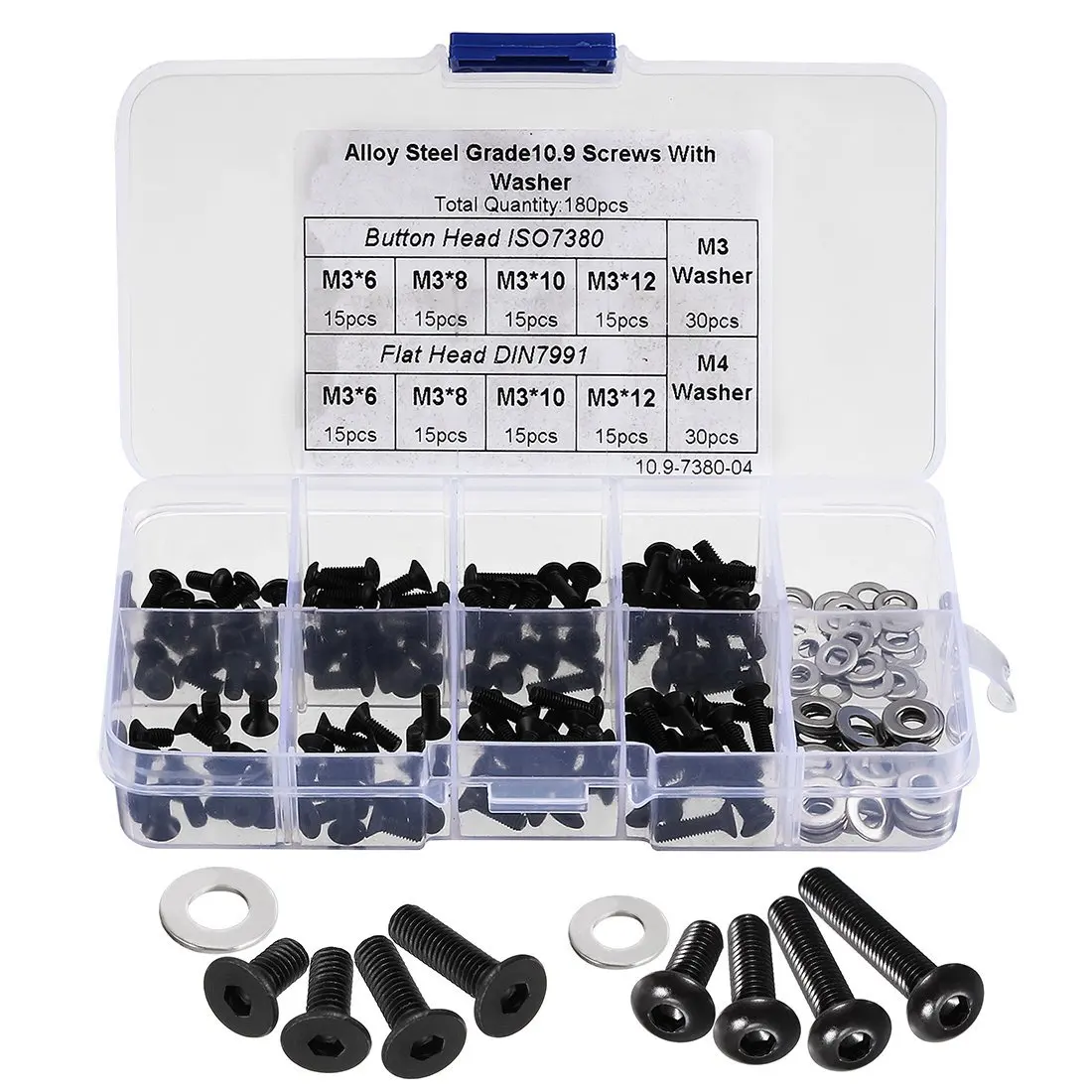 

180pcs Alloy Steel M3 Hex Socket Button Head Flat Heat Screw M3 M4 Washer Assortment