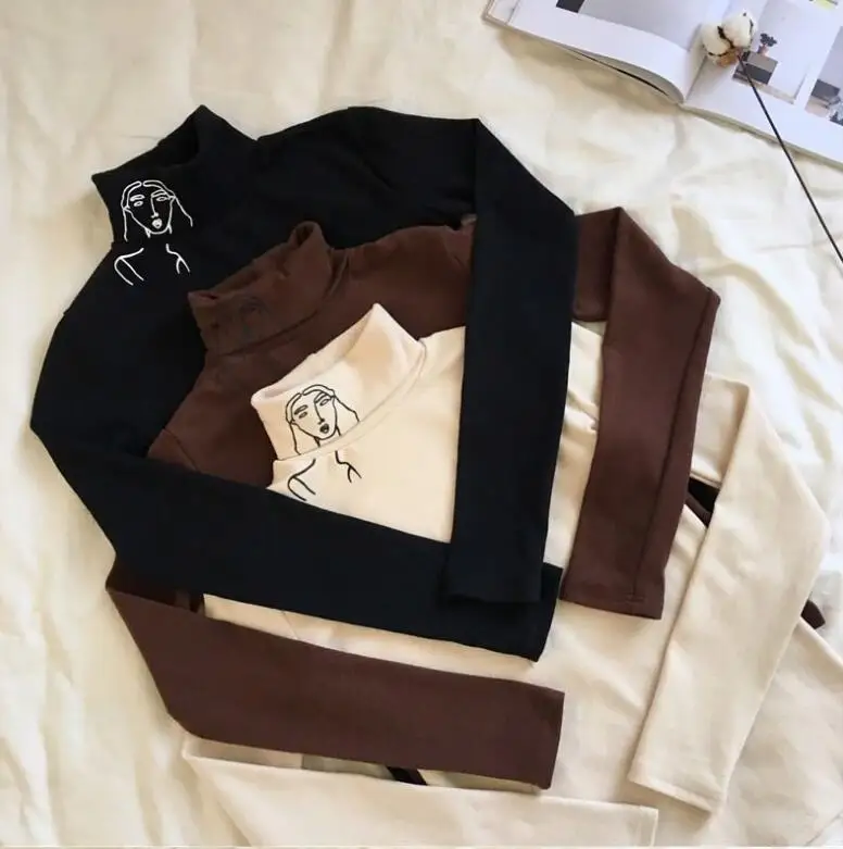 

Autumn new high collar long sleeve retro Slim printed T-shirt female