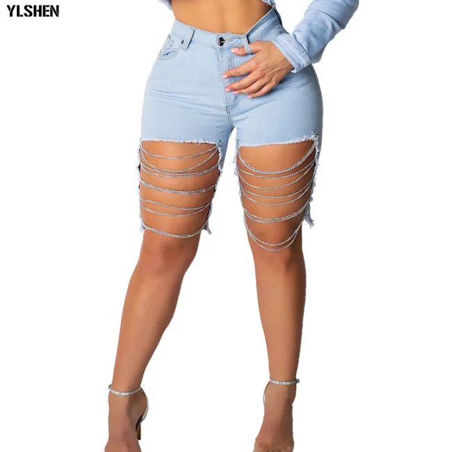 Комплект из 2 предметов размера плюс, женская сексуальная цепочка на ремешке из джинсовой ткани, костюм с дырками, спортивный костюм, повседневный Джинсовый укороченный Топ с длинным рукавом и шорты - Цвет: Only Blue Shorts