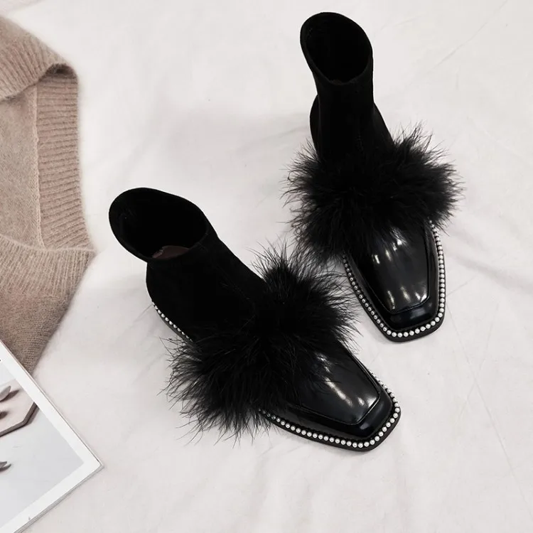 

MLJUESE 2020 women ankle boots cow leather winter short plush slip on black color round toe women ankle boots party wedding