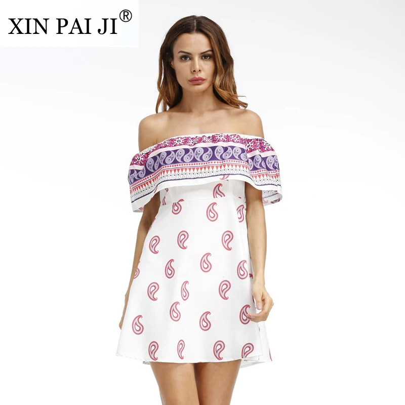 XIN PAI JI New 2017 Vintage Printed Beach Summer Dress Women Slash neck Casual Zipper Off Shoulder A Line Mini | Женская одежда