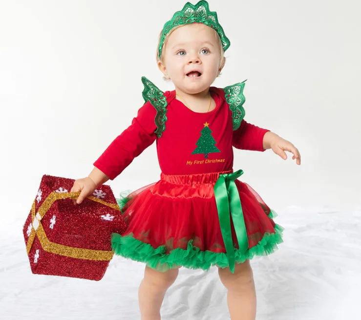 New Christmas Princess Long Sleeve Clothing Sets Baby Girls Fashion Tree Print Bodysuits+Lace Tutu Dresses+Crown Headbands