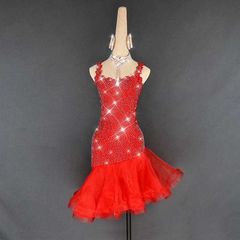 

High Quality Sexy Latin Dance Dress Women Red Lace Rhinestone Ballroom Dancewear Professional Competitive Kids Dresses For Girls