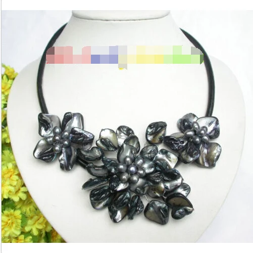 

black pearl seashell choker leather necklace j7460 @^Noble style Natural Fine jewe FREE SHIPPING ##a #a