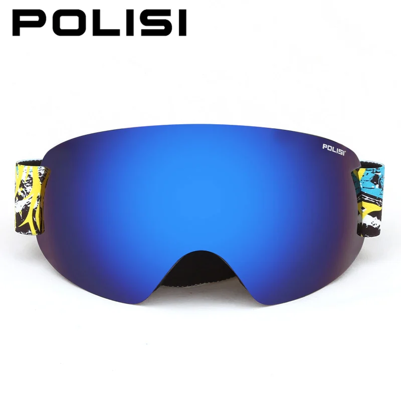 POLISI профессиональные зимние лыжные снежные очки сноуборд очки двухслойные линзы анти-туман лыжные очки, желтые линзы - Цвет: Синий