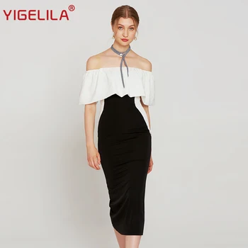 

YIGELILA Fashion Women Bodycon Party Dress Summer Slash Neck Off Shoulder Empire Black White Patchwork Mid Length Dress 63904