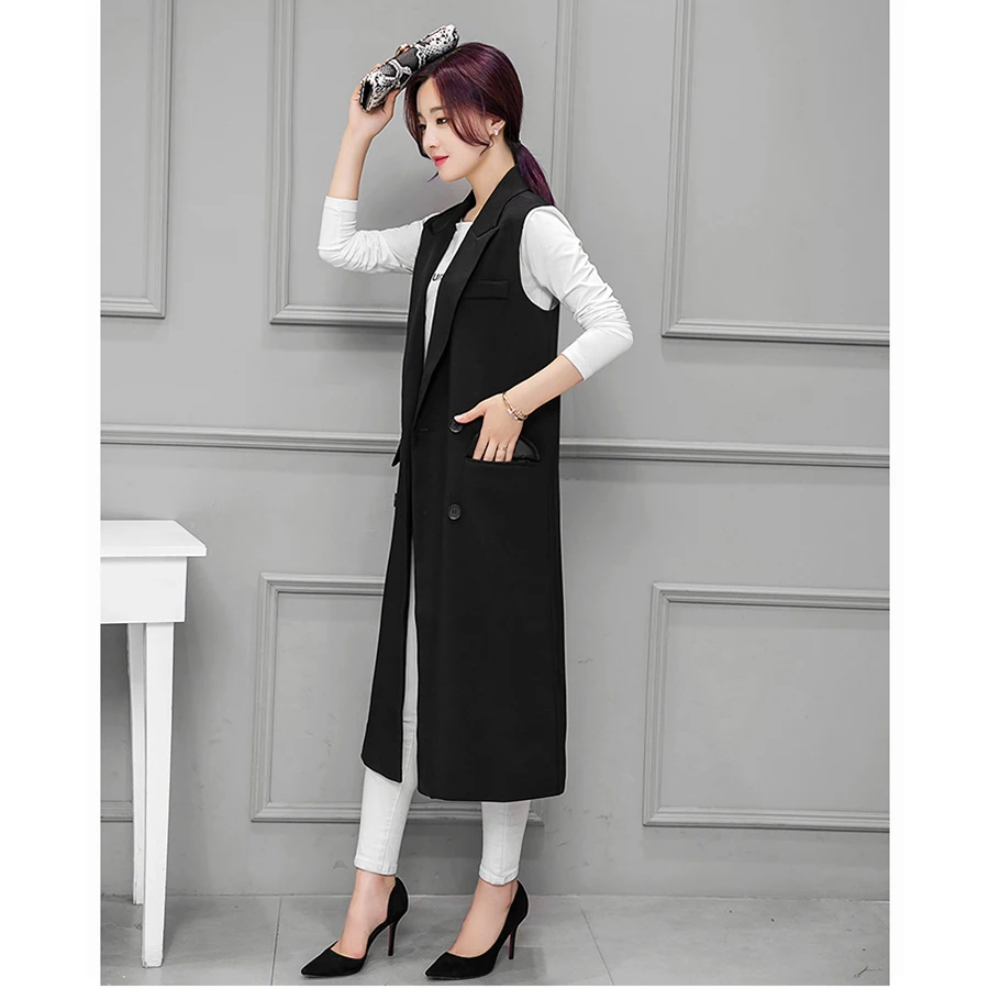 Women Black Long Vest Coat 2018 European Style Double Breasted Waistcoat Sleeveless Vest Femme Outwear Casual Tops Roupa Female