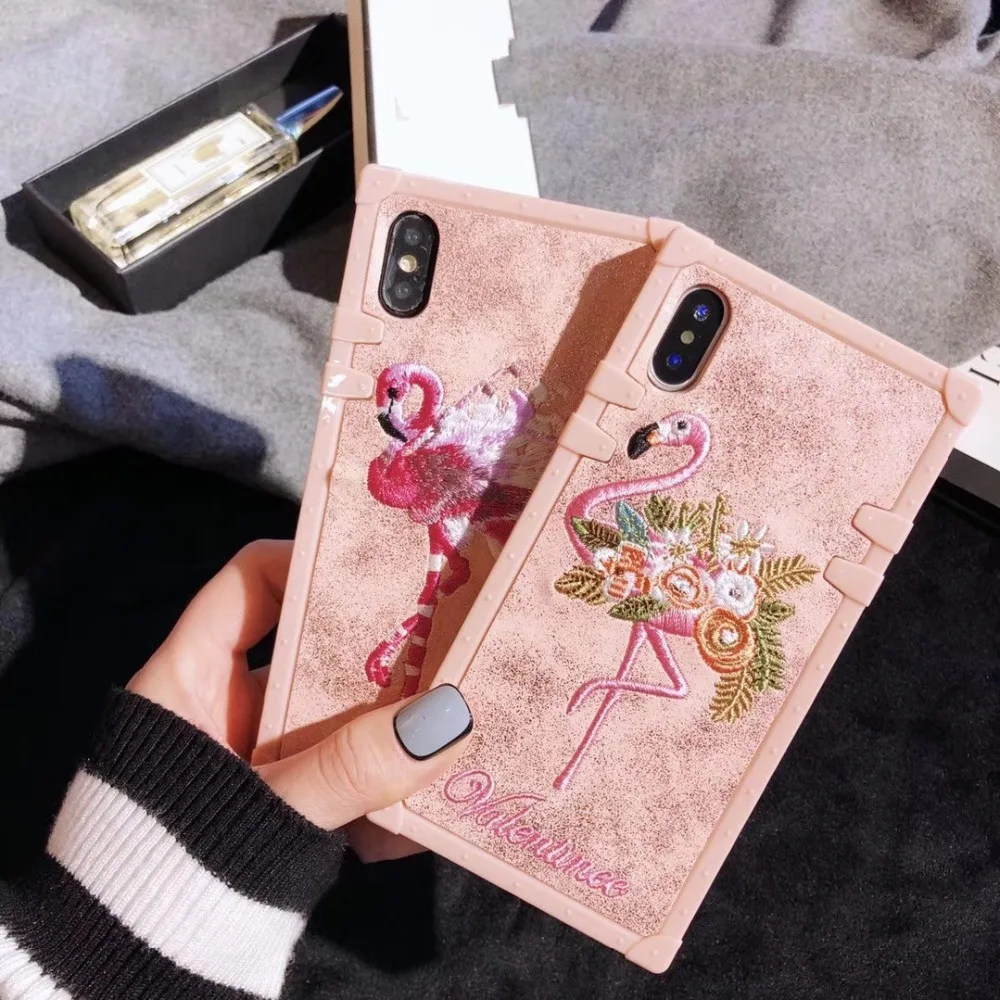 

Embroidery Flamingo Phone Case for iphone Xs Max XR 8 8plus 7 7plus 6/6S Plus X Pink Soft Back Cover Case