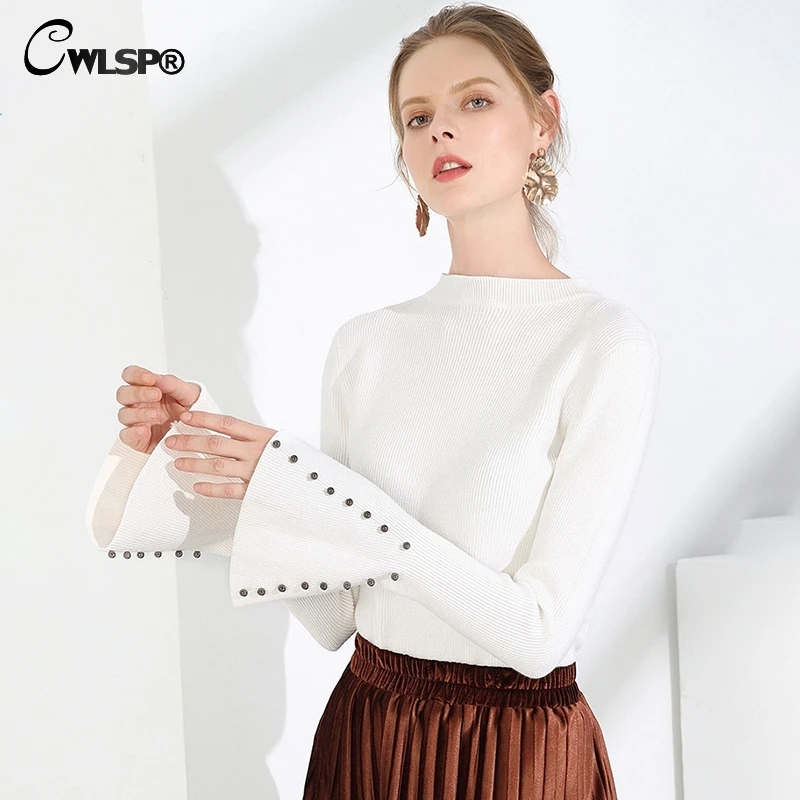 CWLSP 2018 Autumn Solid Knit Ribbed Sweaters For Women 6 Color O Neck Beading Women Pullovers Flare Sleeve Korean Style QZ3073