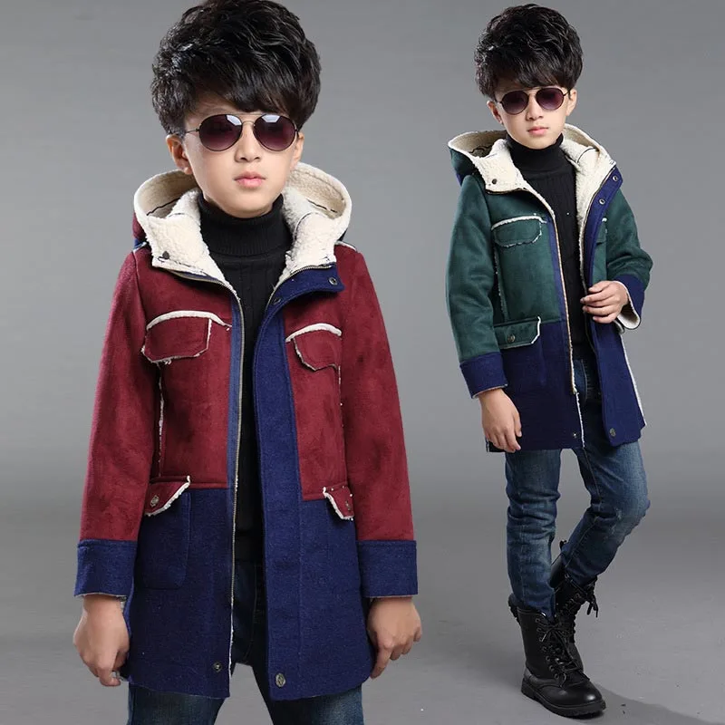 

Hooded Suede Jackets For Boys Casual Autumn Children Outerwear Lambs Wool Coats For Boys Patchwork Long Tops 4 6 8 10 12 Years