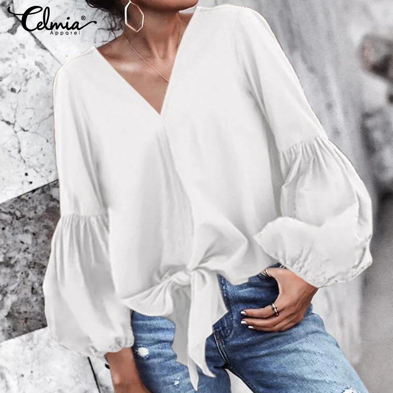

Women Blouses Elegant OL Long Lantern Sleeve Shirts Celmia 2019 Autumn Sexy V-Neck Casual Solid Tops Bow Loose Blusas Plus Size