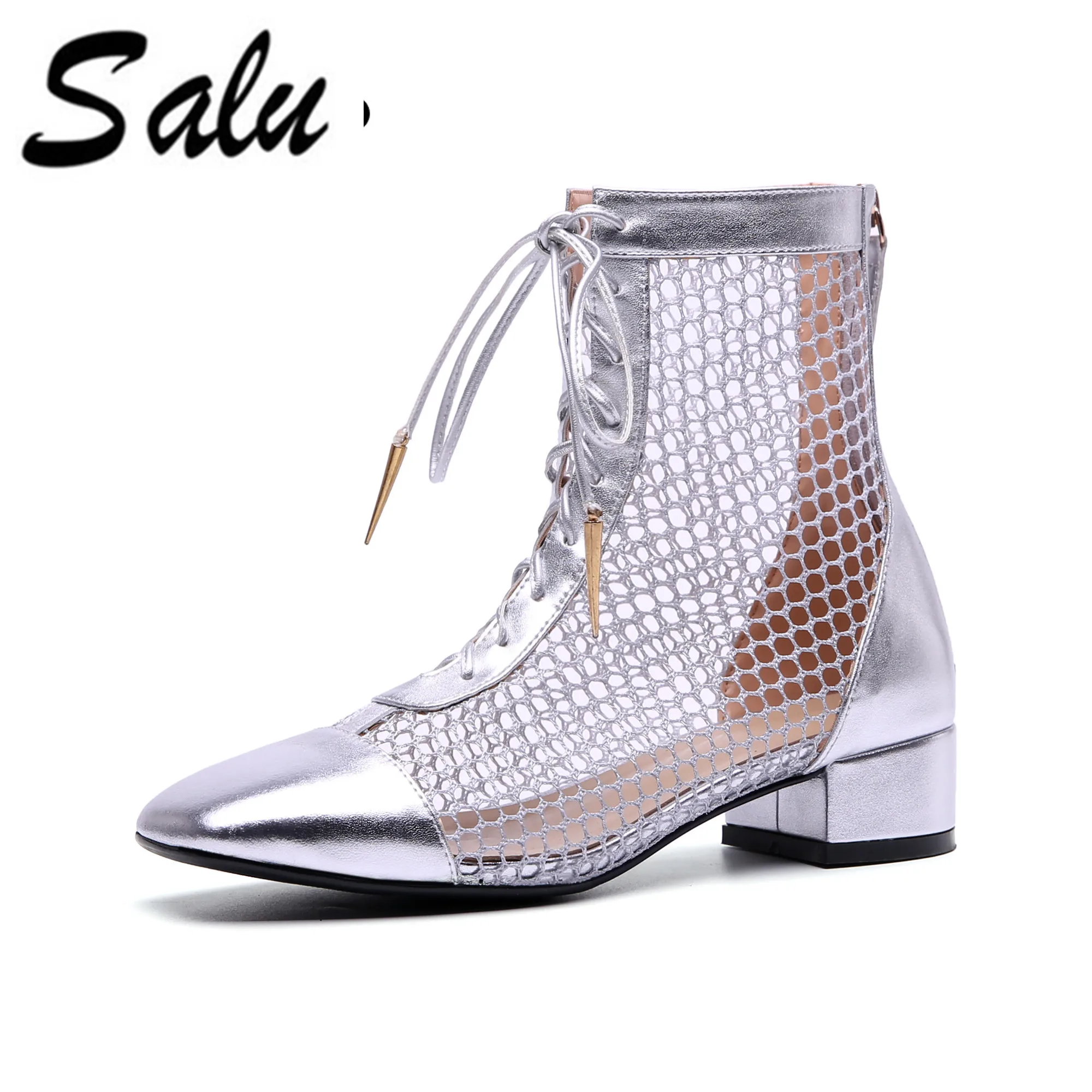 

Salu black sliver Women Ankle Boots All Match High Heel square Toe Design Women Fashion summer Boots