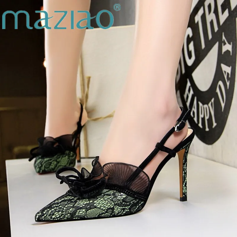 

MAZIAO Summer Women Sexy Thin High Heels Sandals Black Mesh Pointed Toe Buckle Lace Ruffles Femme Party Shoes Slingbacks Pump